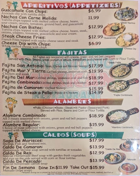 San Antonio Authentic Mexican Restaurant Menu