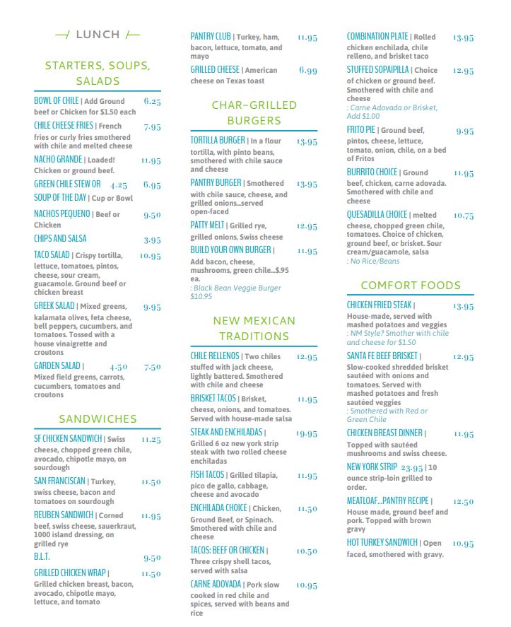 The Pantry Restaurant Menu