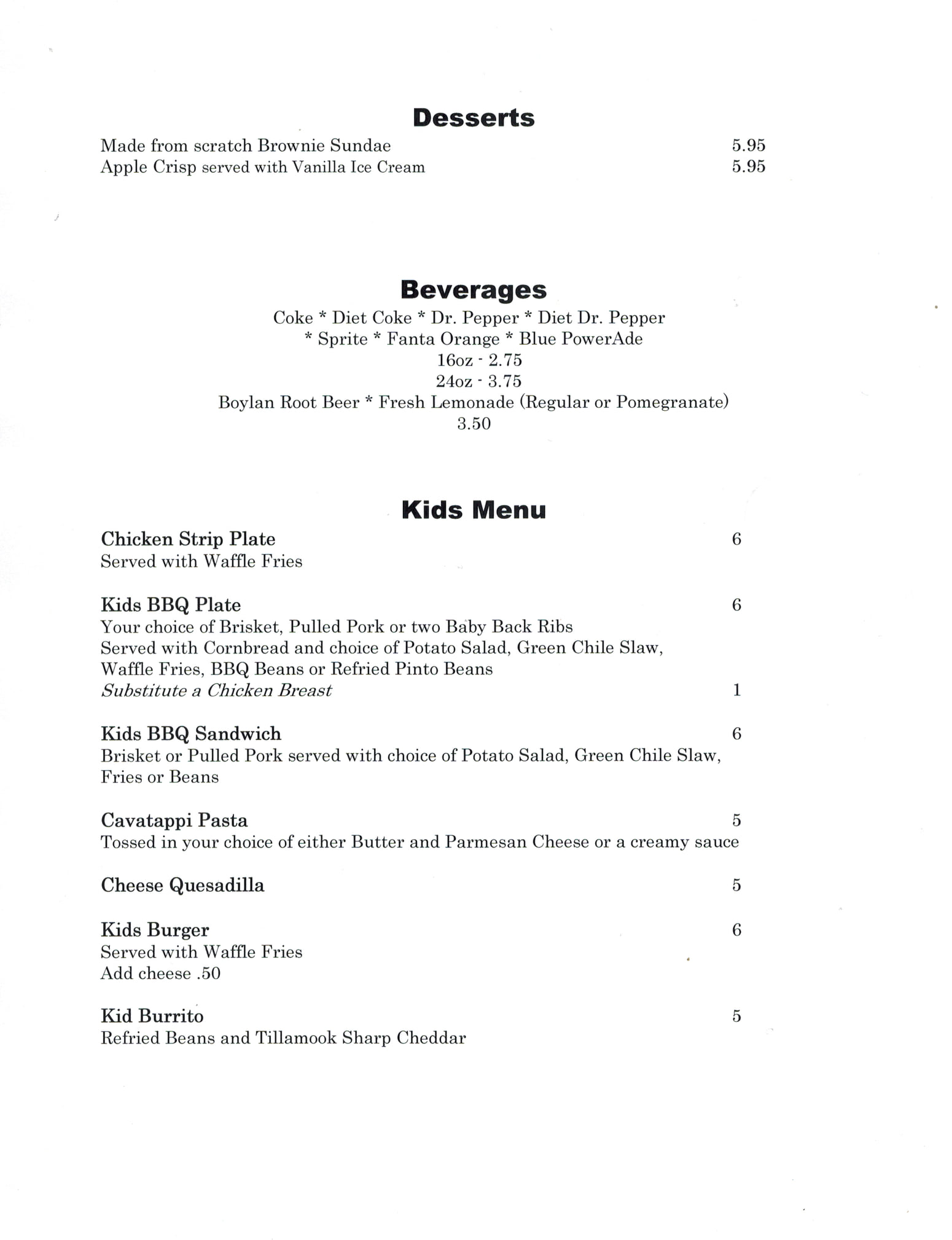 The Ranch House Menu