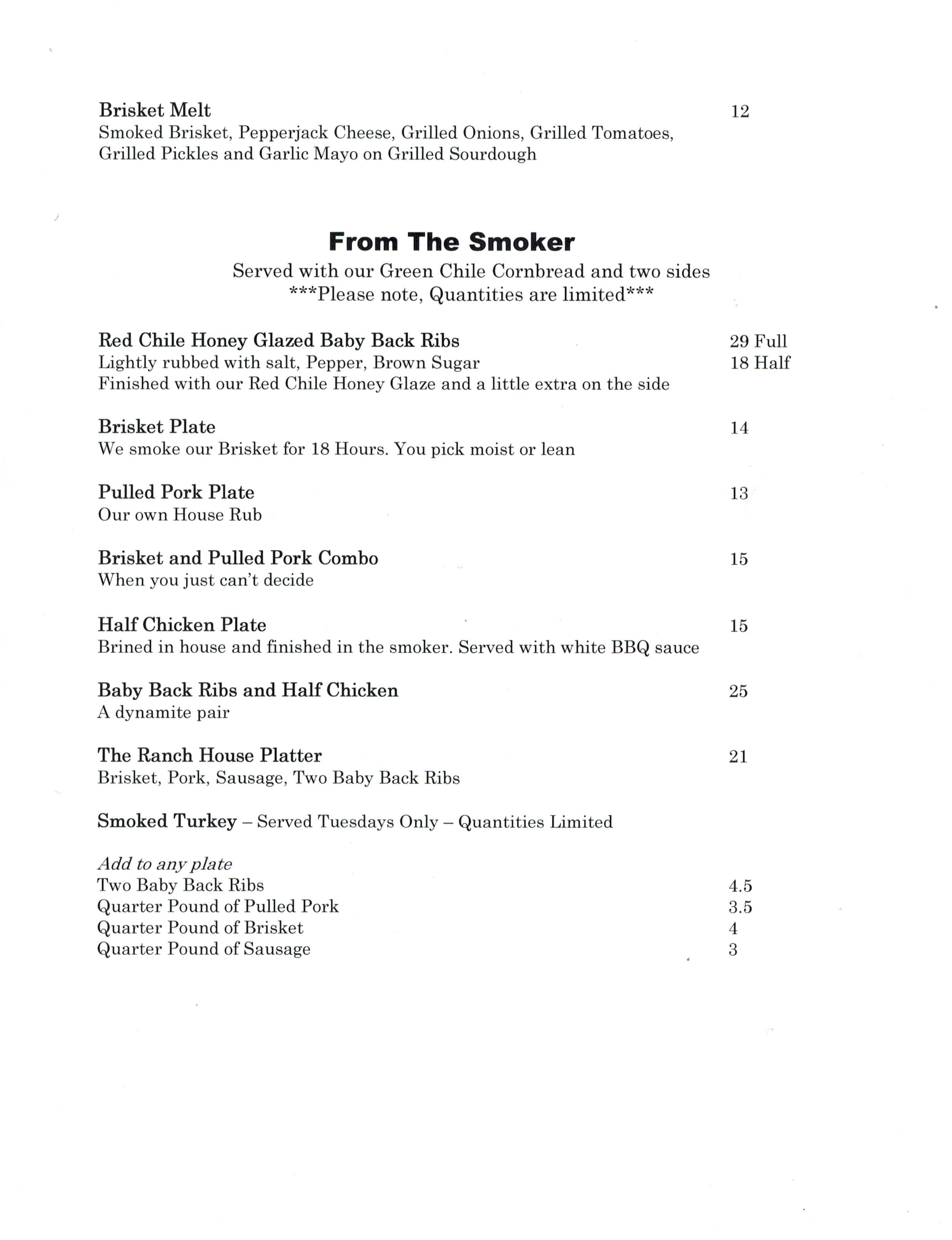 The Ranch House Menu